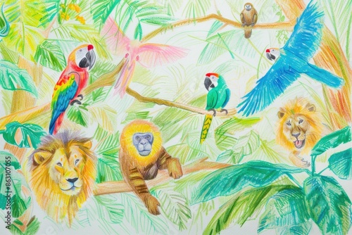 Playful Children's Drawing of a Vibrant Jungle Adventure with Animals - Poster Design