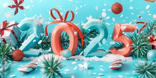 Vibrant 2025 Festive New Year Celebration with Snow and Decorations photo