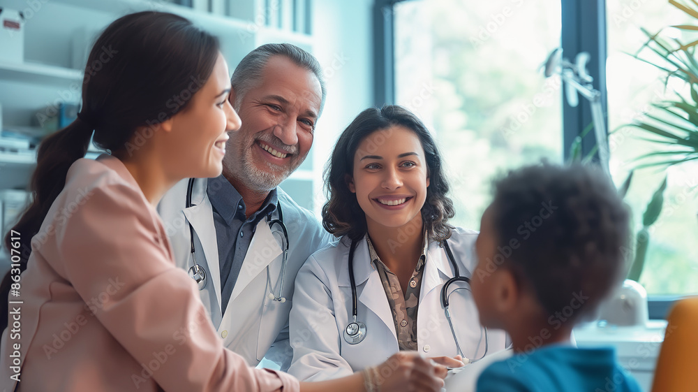 Doctors and a nurse happily consulting with a child and parent in a bright medical office. Doctors and a nurse happily consulting with a child and parent in a bright medical office.