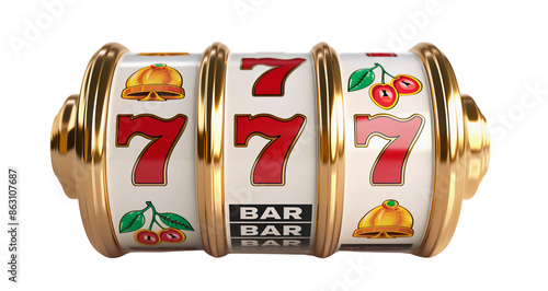 Stock image of jackpot streak 777 on slot machine isolated on a transparent background, concept of winning big in a casino