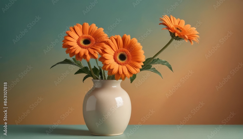 An orange gerbera daisy in a beige ceramic vase on a teal surface against an orange background An orange gerbera daisy in a beige ceramic vase on a teal surface against an orange background