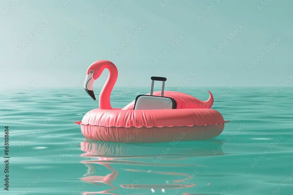 A realistic 3D illustration of a pink flamingo inflatable belt carrying a modern travel suitcase, floating serenely on the calm, turquoise blue waters, evoking a sense of relaxation and adventure. A realistic 3D illustration of a pink flamingo inflatable belt carrying a modern travel suitcase, floating serenely on the calm, turquoise blue waters, evoking a sense of relaxation and adventure.