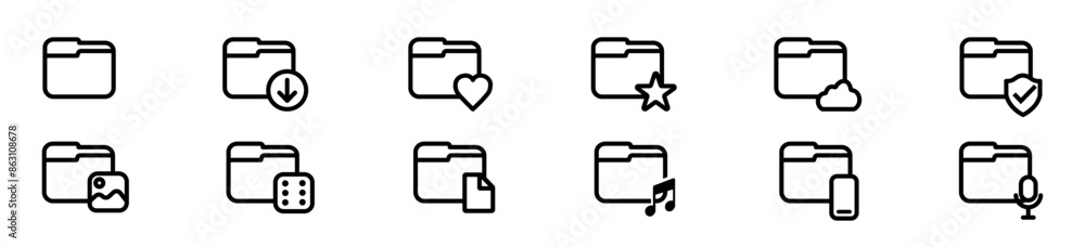 Folder action configurations and various data directory vector icons. Archive saving files and documents outline icons set. Folder action configurations and various data directory vector icons. Archive saving files and documents outline icons set.