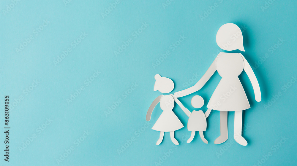 Obraz premium Paper family holding hands symbolizing love unity and togetherness on a blue_background. Generative AI