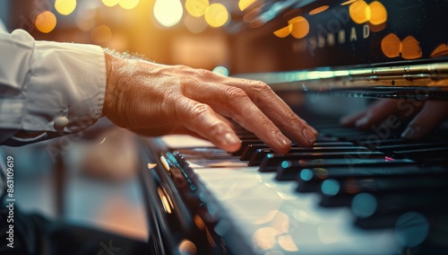 Close Up of Hands Playing a Piano Keyboard Under Warm Lights