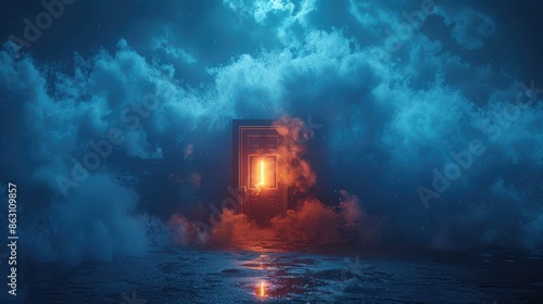 A dramatic image of a mysterious door glowing brightly in the night sky surrounded by clouds and mist, evoking a sense of intrigue and otherworldliness. photo