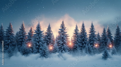 A striking scene of snowy pine trees with a sunset glow emanating from behind and fog creating a dreamy winter wonderland, with glowing lights among the trees. photo