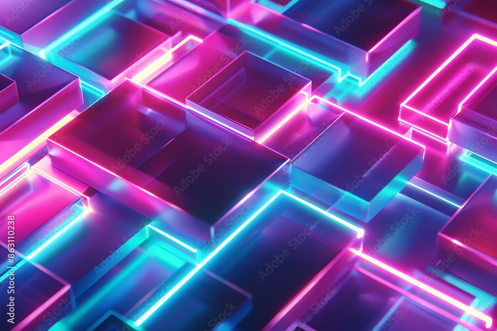 Abstract background of glowing neon cubes and lines. Cyberpunk, synthwave, futuristic, digital, and technology concepts. Abstract background of glowing neon cubes and lines. Cyberpunk, synthwave, futuristic, digital, and technology concepts.