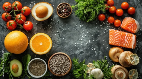 Wallpaper Mural An assortment of fresh ingredients including cherry tomatoes, salmon slices, avocado, eggs, and herbs, arranged on a dark background, perfect for healthy meal preparation. Torontodigital.ca