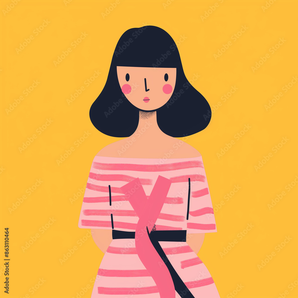 Ilustración de mujer joven con motivos en rosa para concienciar sobre el día mundial del cáncer de mama Ilustración de mujer joven con motivos en rosa para concienciar sobre el día mundial del cáncer de mama