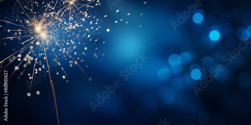 Happy New Year, New Years Eve fireworks sparkler celebration holiday card and bokeh lights on blue background.