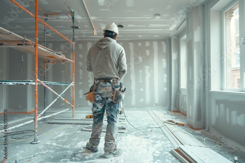 Construction Worker Standing in Unfinished Room During Daytime