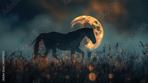 Silhouette of a horse running through a field with a large moon in the background. photo
