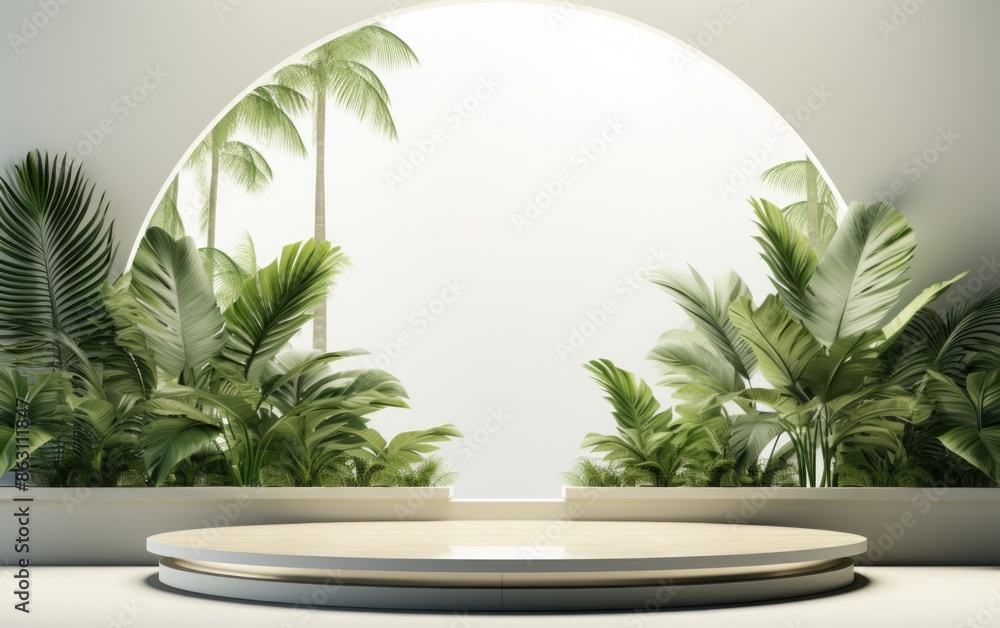 Elegance in the Future: Futuristic Summer Podium with Palm Leaves and Soft Daylight Reflection on White Background 3D Render Elegance in the Future: Futuristic Summer Podium with Palm Leaves and Soft Daylight Reflection on White Background 3D Render