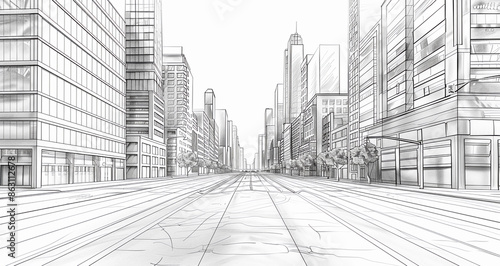 black and white sketch of modern and minimalistic American street, 3d illustration isolated on a white background