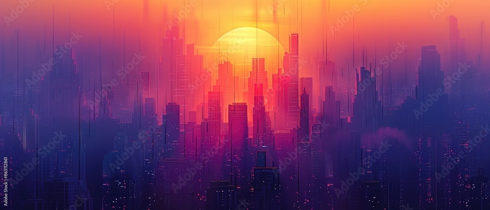 Silhouetted cityscape at sunset with a vibrant, hazy sky. Silhouetted cityscape at sunset with a vibrant, hazy sky.