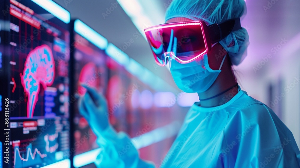Nurse in a sleek futuristic uniform checking vitals with augmented reality, interactive holographic patient monitors, advanced tech hospital, vibrant neon hues, detailed Nurse in a sleek futuristic uniform checking vitals with augmented reality, interactive holographic patient monitors, advanced tech hospital, vibrant neon hues, detailed