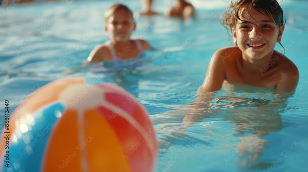 A family playing with a beach ball in the pool, summer, swimming pool, hd, cheerful with copy space A family playing with a beach ball in the pool, summer, swimming pool, hd, cheerful with copy space