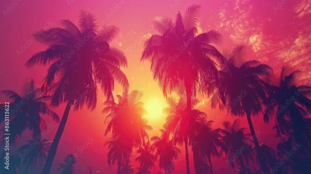 Silhouettes of palm trees against a vibrant pink and orange sunset. The sun is hidden behind the trees, creating a warm and tropical feel. Silhouettes of palm trees against a vibrant pink and orange sunset. The sun is hidden behind the trees, creating a warm and tropical feel.
