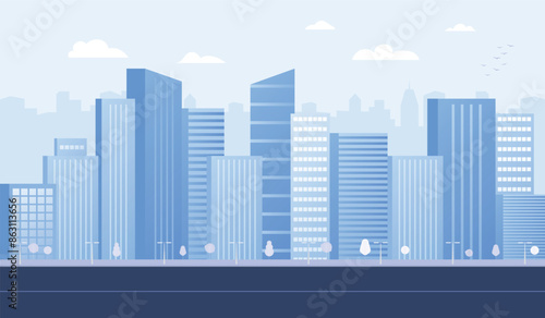 Monochrome urban landscape with clouds in the sky. Blue city buildings with trees. Modern architectural flat style vector illustration. Vector cityscape background.
