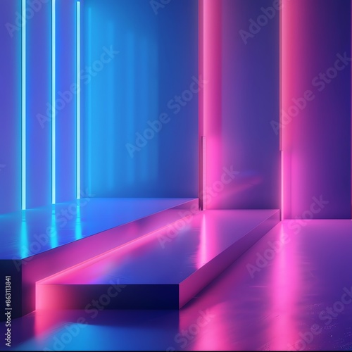 Empty futuristic neon studio stage, illuminated by blue and pink neon lights. Perfect background for showcasing products, displaying brands, and digital art.