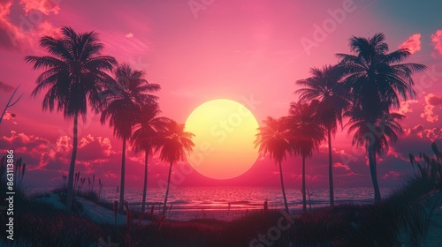 Silhouettes of palm trees stand against a vibrant pink and orange sunset over the ocean.