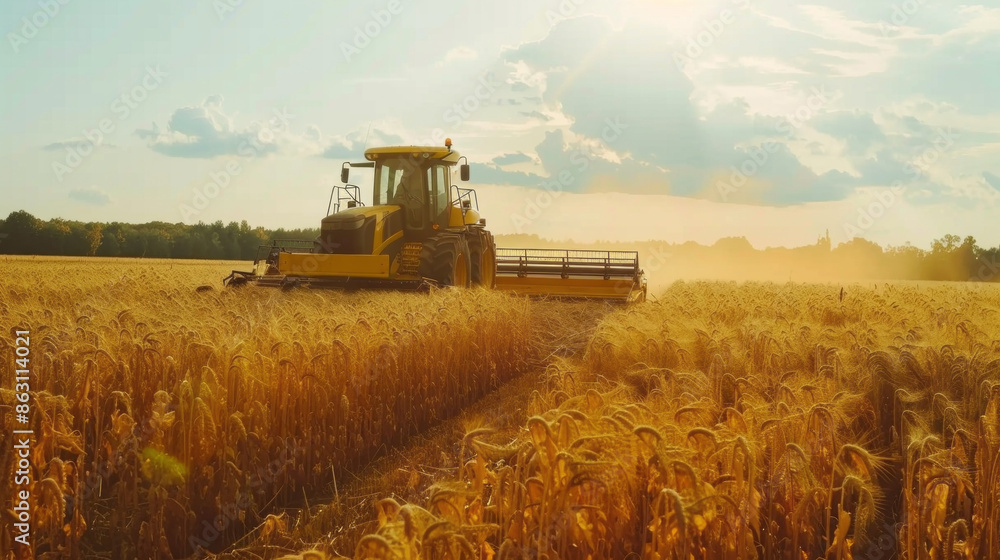 Fototapeta premium A yellow tractor is in a field of wheat