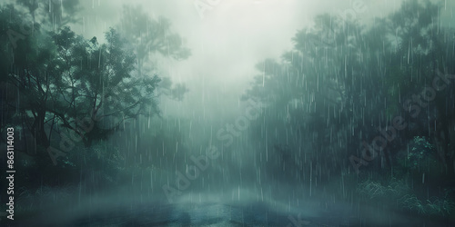 Fototapeta Naklejka Na Ścianę i Meble -  Heavy rain and fog in a gloomy forest