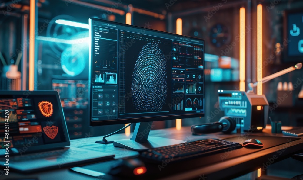 Cybersecurity Workstation with Fingerprint Scan. Standing Modern Technology A Fingerprint In Screen. Investigation Criminal Cybersecurity Workstation with Fingerprint Scan. Standing Modern Technology A Fingerprint In Screen. Investigation Criminal