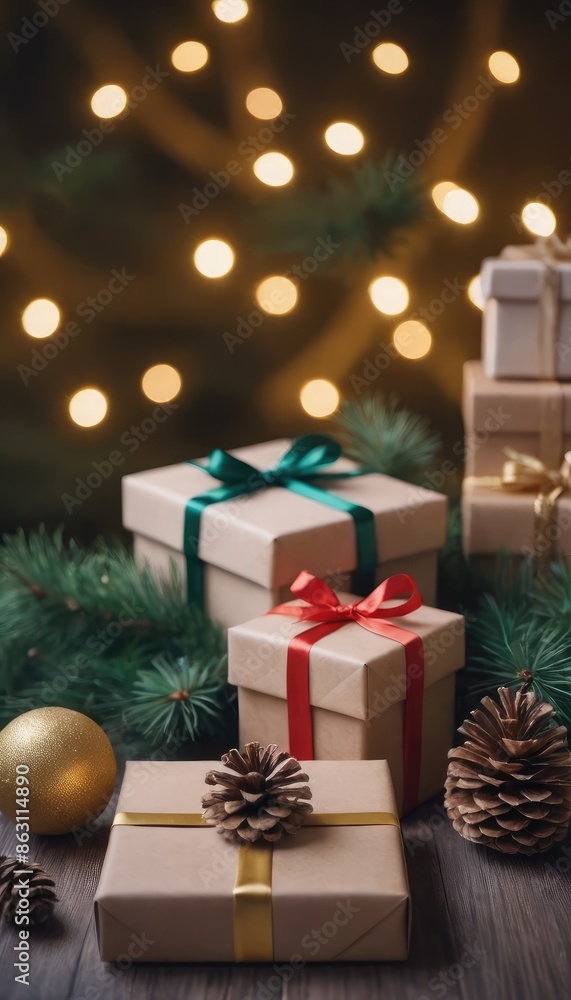 Under a canopy of twinkling lights, a Christmas present awaits, surrounded by festive decor Under a canopy of twinkling lights, a Christmas present awaits, surrounded by festive decor