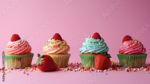 Wallpaper Mural Colorful cupcakes with sprinkles and a fresh strawberry in a line on a pink background Torontodigital.ca
