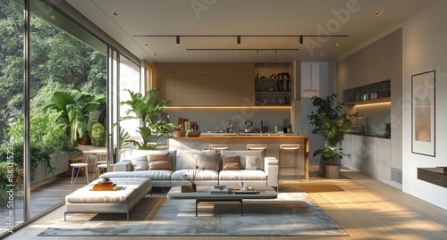Modern Living Room With Kitchen And Balcony View