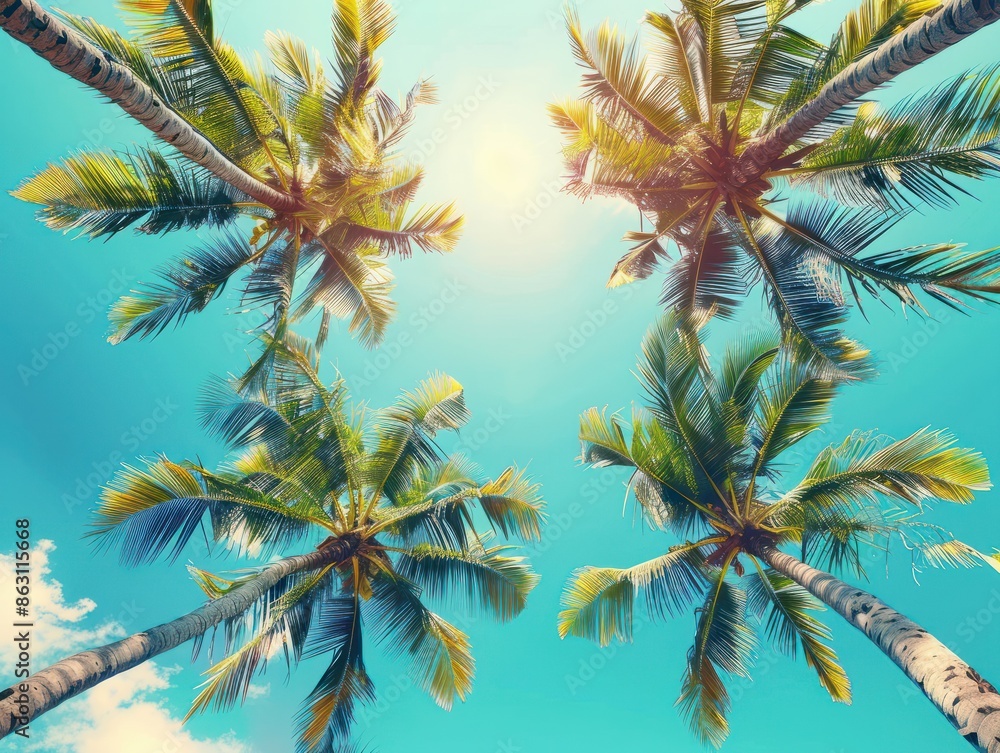 Blue sky and palm trees view from below, vintage style, tropical beach and summer background, travel concept Blue sky and palm trees view from below, vintage style, tropical beach and summer background, travel concept