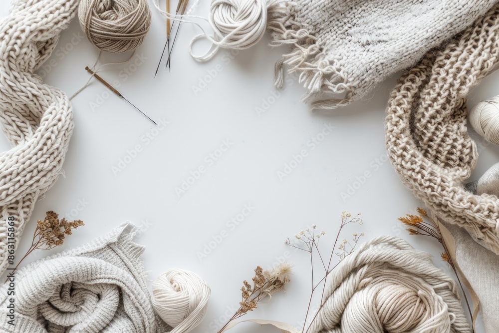 A collection of beige and cream knitting materials, including yarn, needles, and knitted fabric displayed creatively on a white background. A collection of beige and cream knitting materials, including yarn, needles, and knitted fabric displayed creatively on a white background.