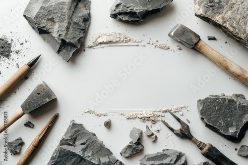 A collection of chisels and hammers scattered among broken rocks on a white surface, showing tools and remnants of stonemasonry work. photo