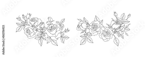 Rose flower arrangement line art on white background. Silhouette roses botanical hand drawn element for wedding, invitation frame design, vector illustration