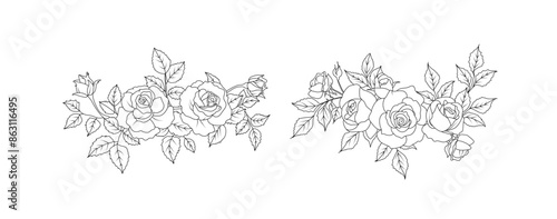 Rose flower arrangement line art on white background. Silhouette roses botanical hand drawn element for wedding, invitation frame design, vector illustration