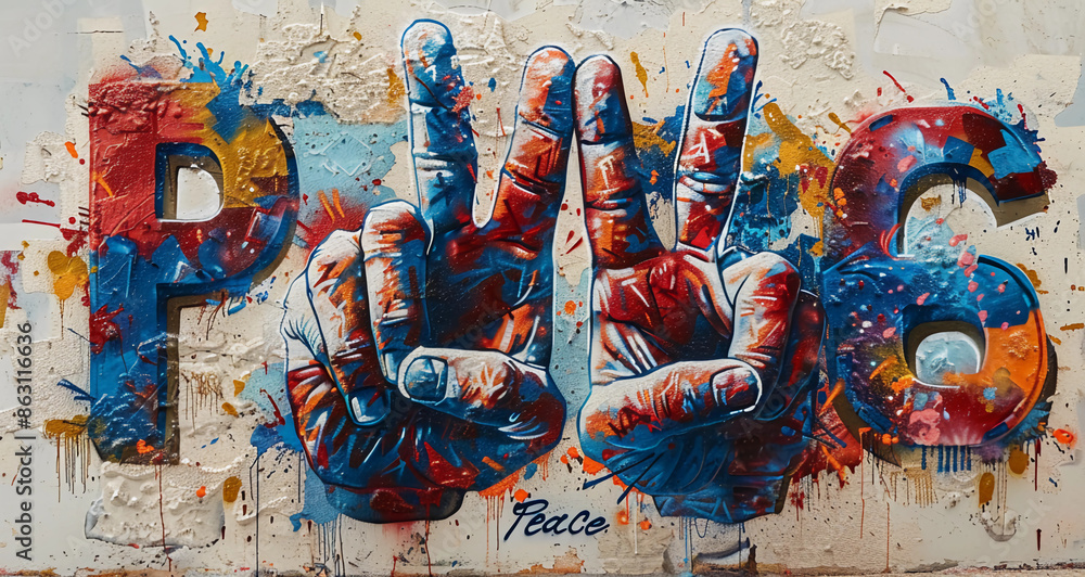 Fototapeta premium Graffiti art of hand symbols for peace painted on a colorful wall, modern artwork, street art