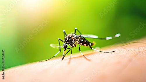 Wallpaper Mural Close-up image of a mosquito on human skin, set against a vibrant green background, highlighting the details of the insect. Torontodigital.ca