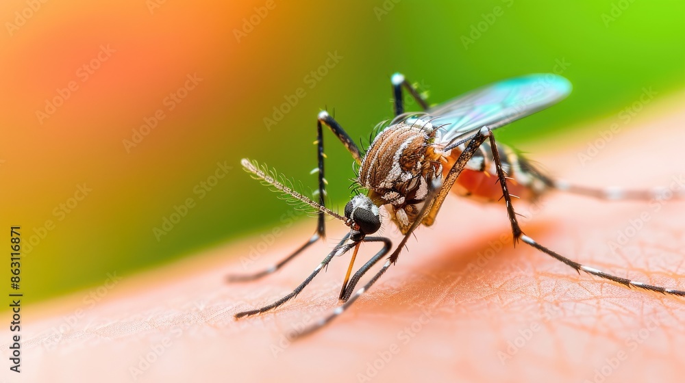 Close-up of a mosquito on human skin with vibrant background. Macro photography showcasing insect detail and texture, ideal for health and nature topics. Close-up of a mosquito on human skin with vibrant background. Macro photography showcasing insect detail and texture, ideal for health and nature topics.