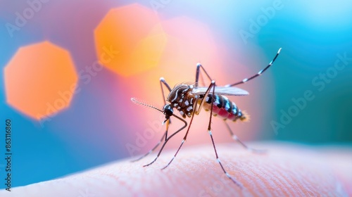 Wallpaper Mural Close-up of a mosquito on human skin, highlighting the intricate details of this insect, with a colorful blurred background. Torontodigital.ca