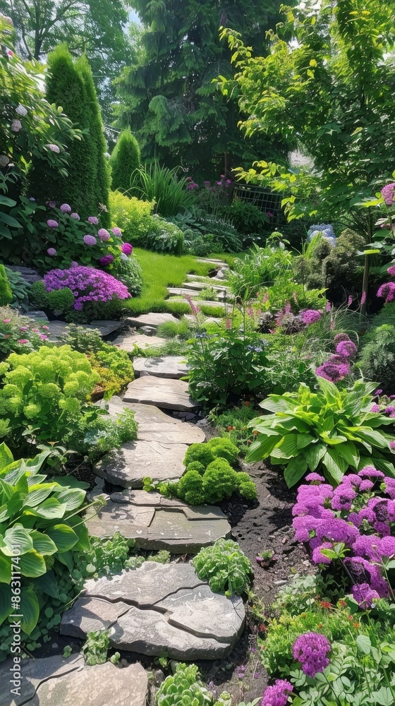 A garden path is lined with flowers and plants, including purple flowers A garden path is lined with flowers and plants, including purple flowers