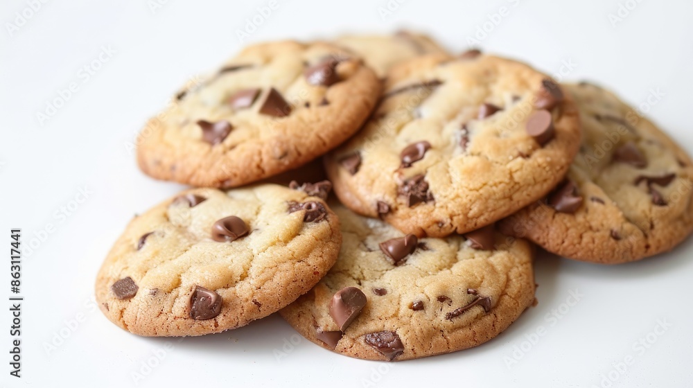 Large cookies with small milk chocolate pieces on a white backdrop Large cookies with small milk chocolate pieces on a white backdrop