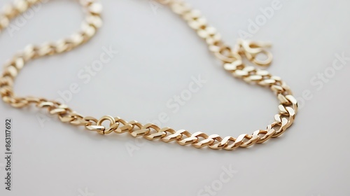 A simple gold chain necklace on a white surface.