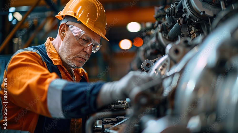 Industrial worker examining machinery components, ensuring they meet quality standards and specifications. Industrial worker examining machinery components, ensuring they meet quality standards and specifications.