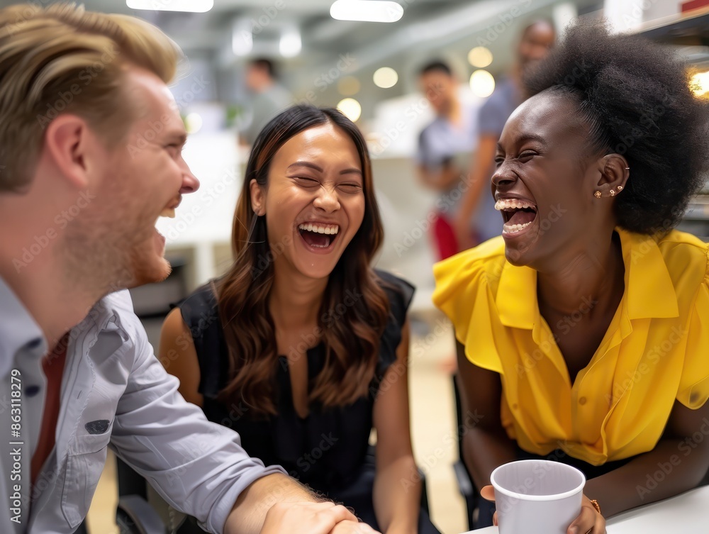 Fototapeta premium Happy young multiracial office colleagues collaborating and smiling in a casual meeting, setting business goals and team building.
