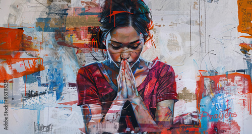 Graffiti image of a young lady praying with her eyes closed on a colorful backwall of the city streets with 
