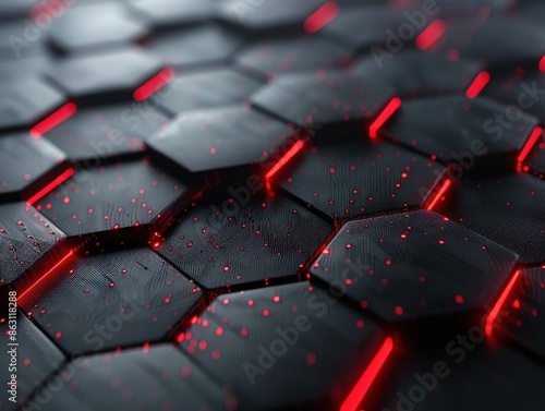 Hexagonal carbon fiber with red luminous lines and highlights background. AI generated image