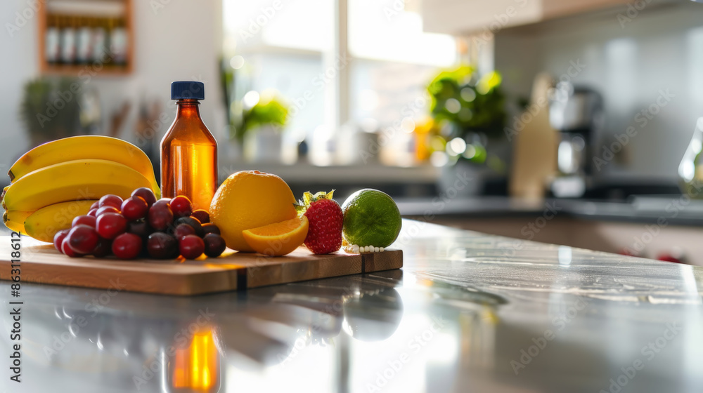 Fresh fruits and vitamins on marble kitchen countertop Fresh fruits and vitamins on marble kitchen countertop