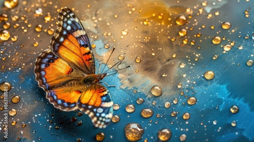 Butterfly on a Blue and Gold Surface with Water Droplets © Ariep